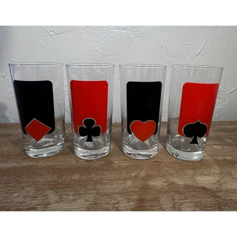 Set of 4 Vintage MCM Playing Card Glasses Hearts, Diamonds, Clubs, Spades 5 1/2